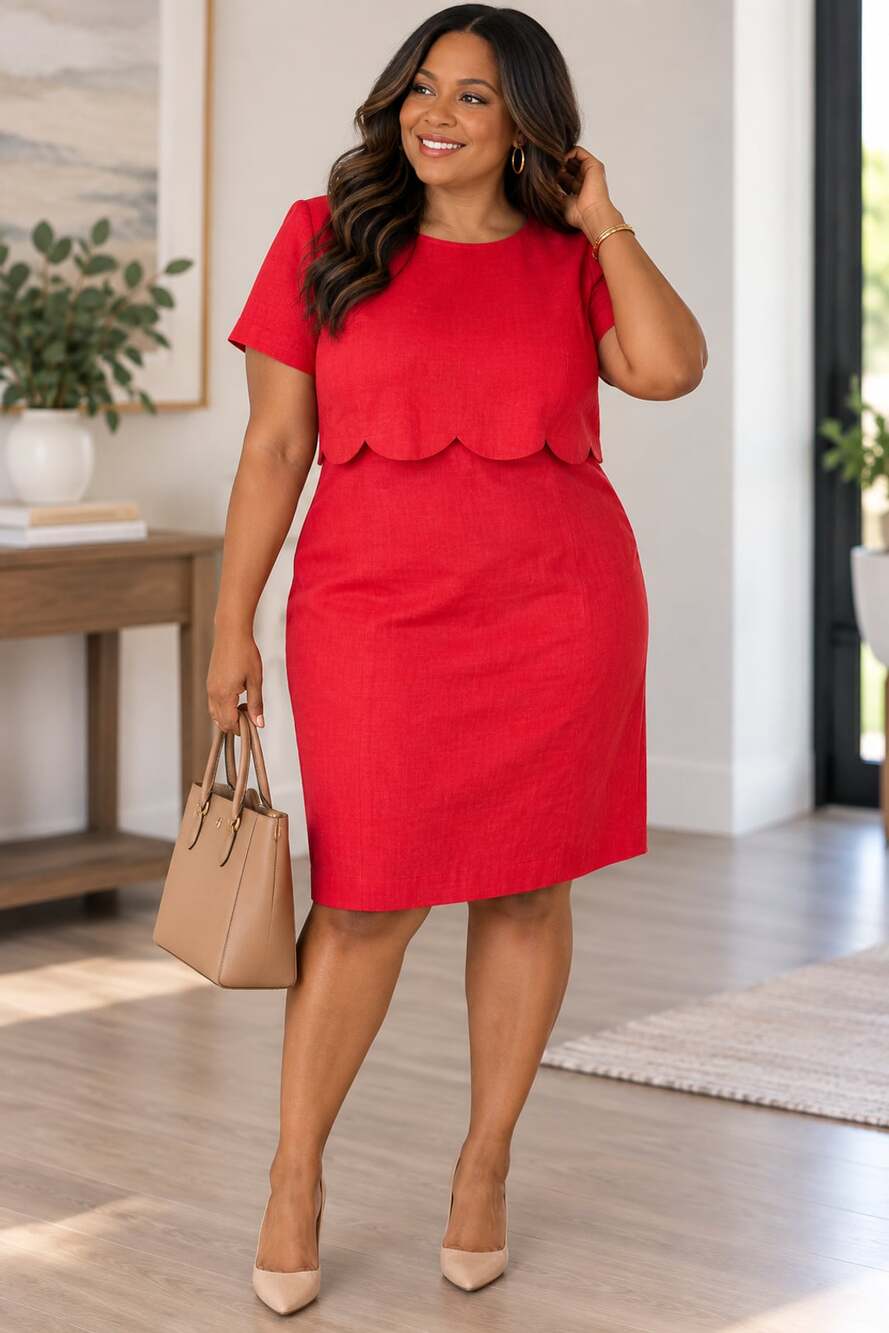 Talbots Vintage Red Linen Blend Scalloped Overlay Short Sleeve Sheath Dress Size